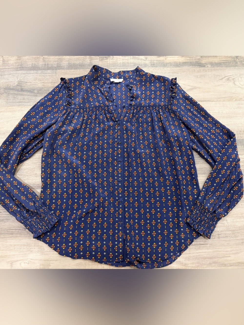 A Loves A 100% Silk Navy Boho Peasant Blouse Size M